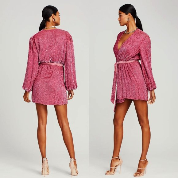 ❌SOLD❌Retrofete Gabrielle Sequin Robe Wrap Mini Dress Sz XL Pink Blossom - Picture 2 of 11